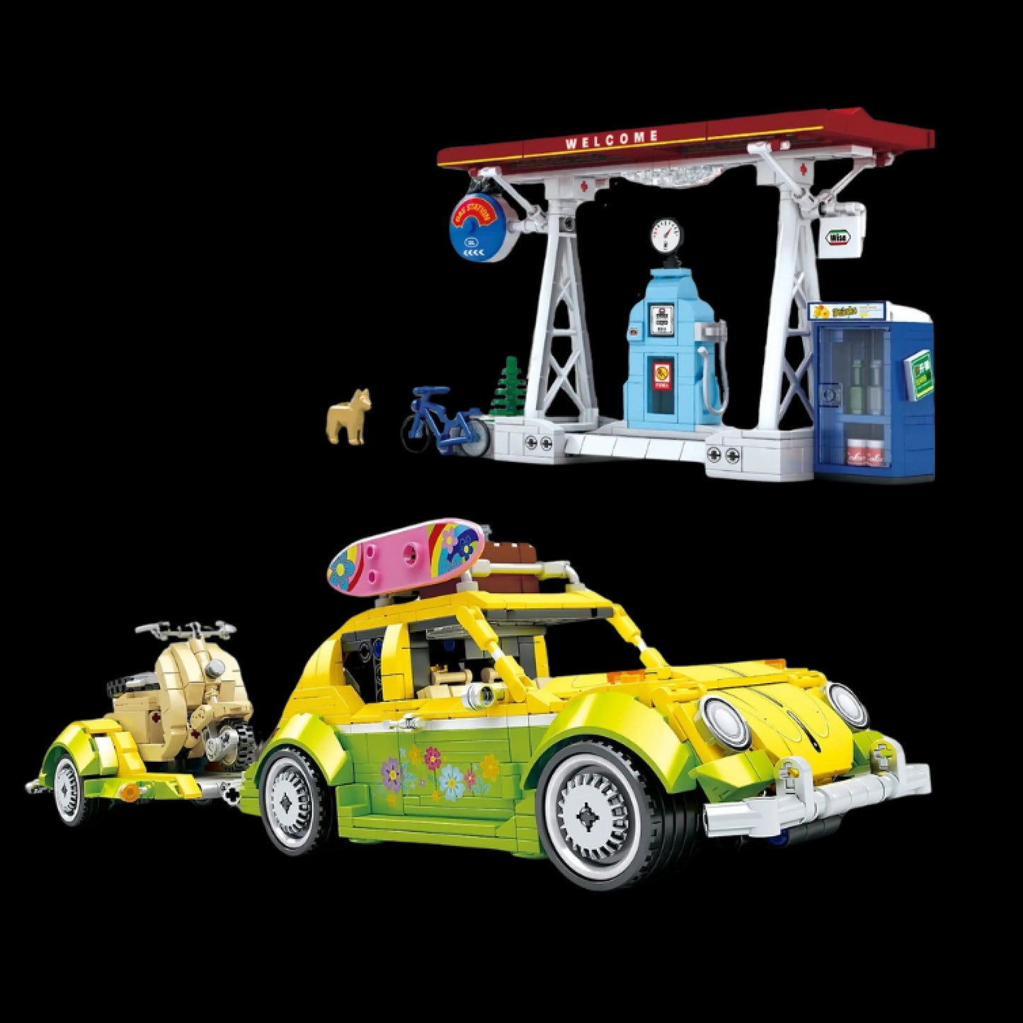 Hippie Beetle + Motorcycle + Gas Station (1409 pcs)